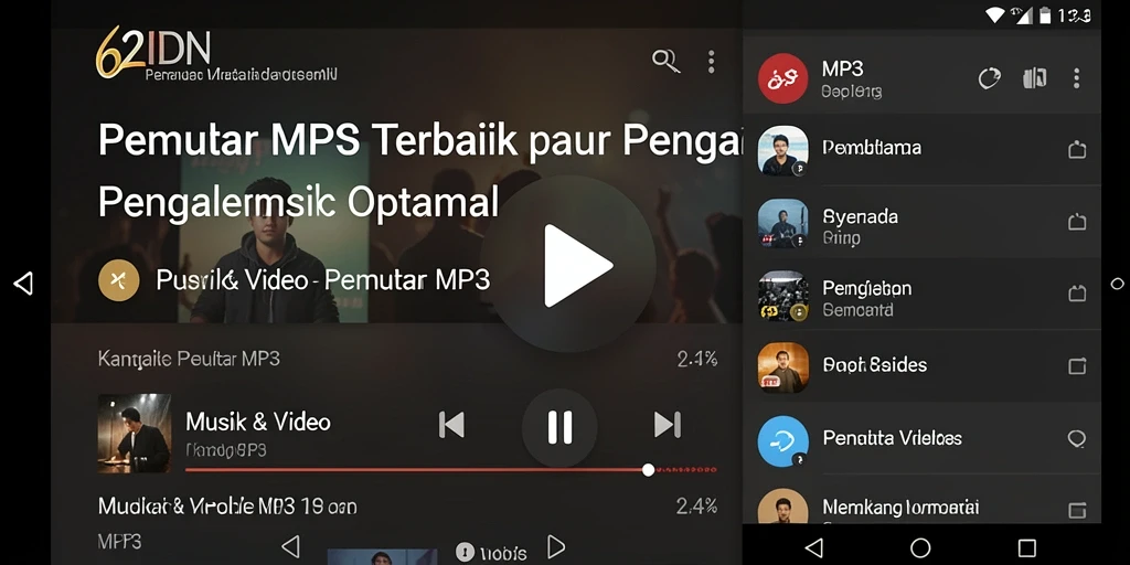 Tampilan antarmuka 62IDN yang sederhana dan fungsional untuk pemutar MP3.