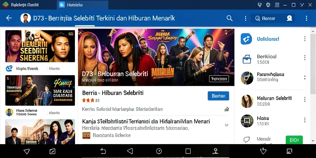 Antarmuka aplikasi D73 menampilkan berita hiburan selebriti dengan menarik.